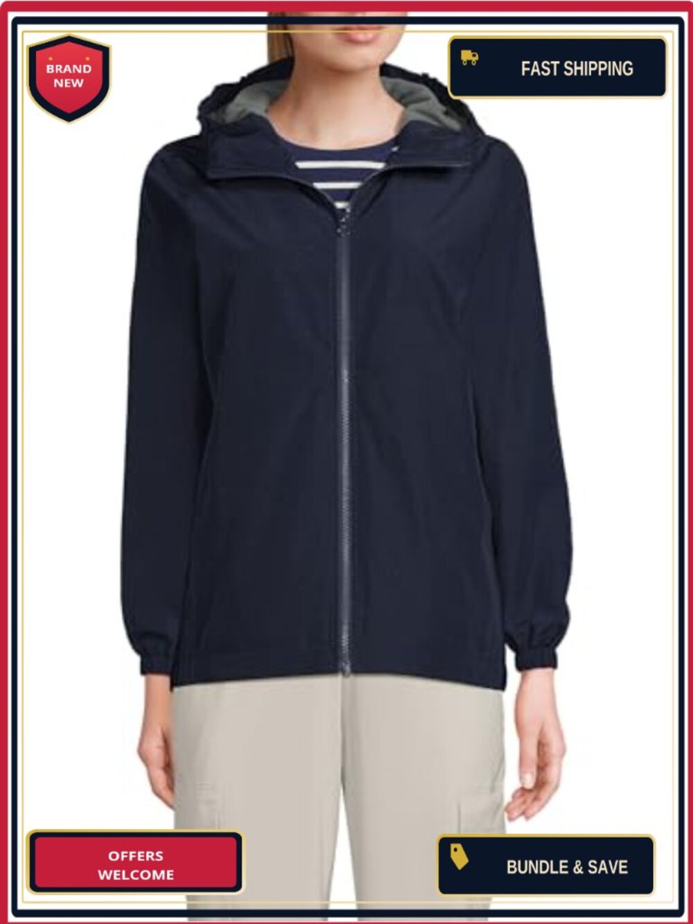 Lands' End Women's Water-Resistant Rain Jacket with Fleece Lining